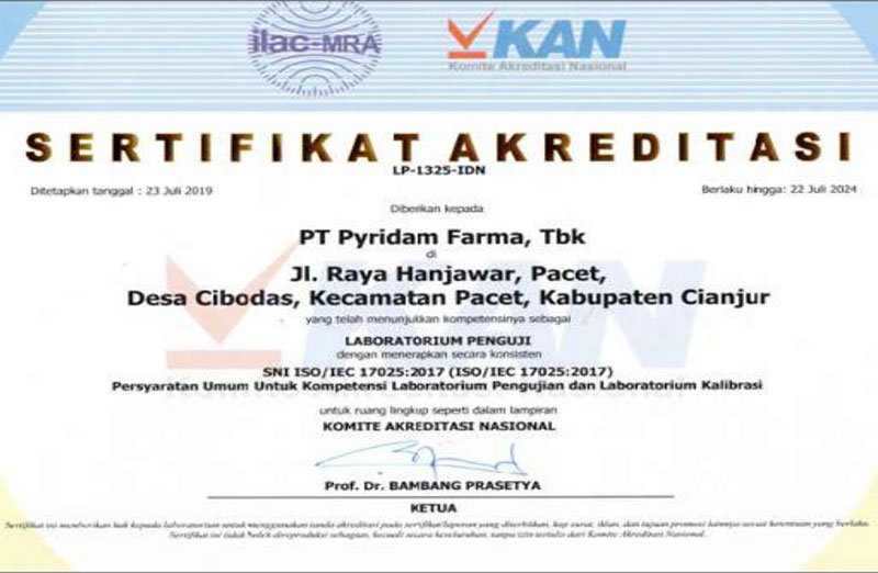 PT Pyridam Farma, Tbk. obtained ISO certificate 9001:2000 through SGS for all sectors of its businesses.